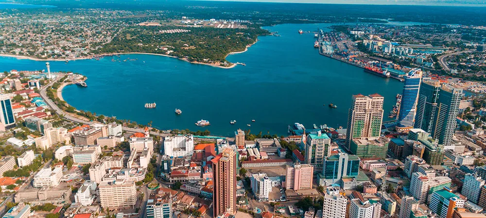 Aerial view of a Tanzanian coastal city and harbour
