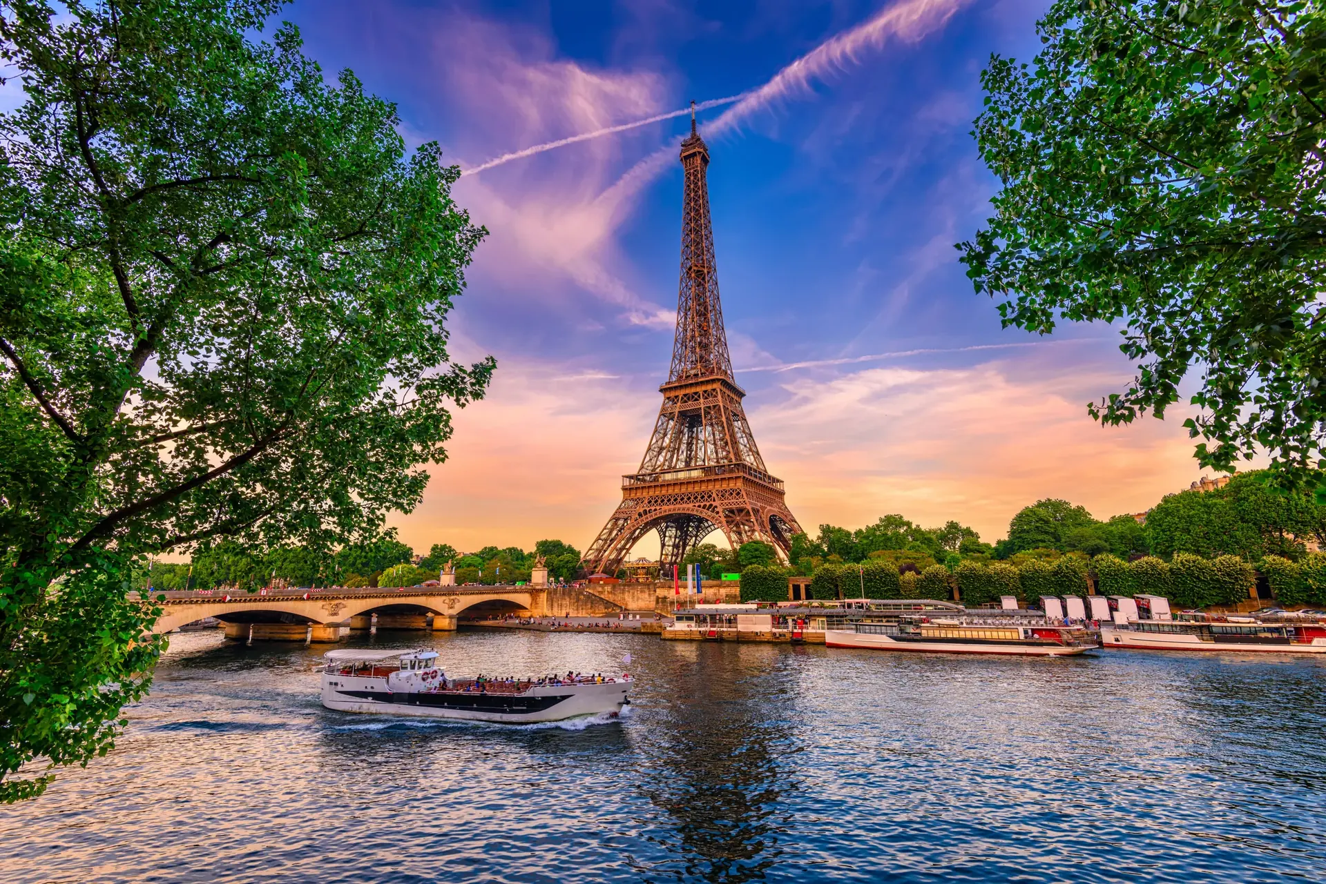 Eiffel Tower and the River Seine at sunset in Paris