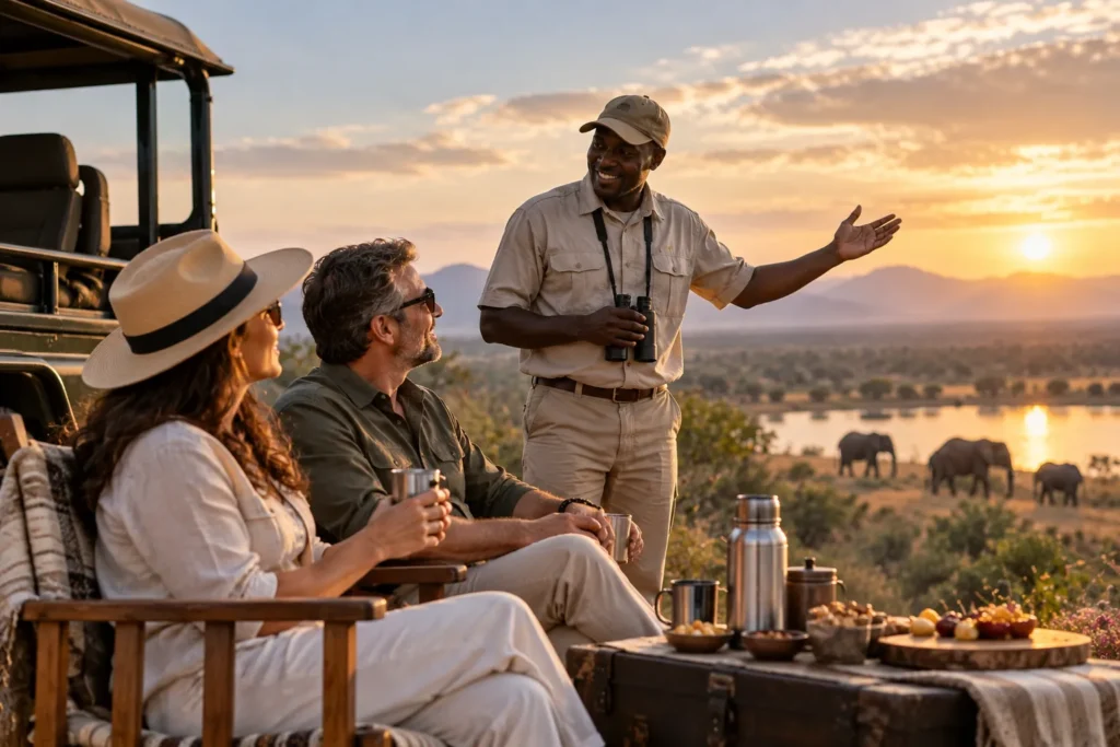 Travellers on a safari picnic while a guide points out elephants in the distance