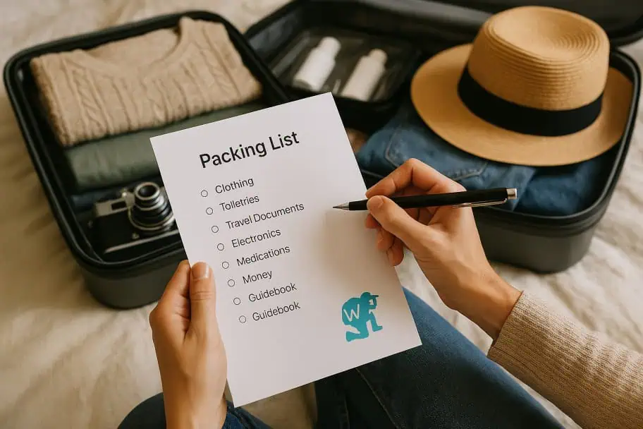 Hand ticking a packing list beside an open suitcase with a sun hat