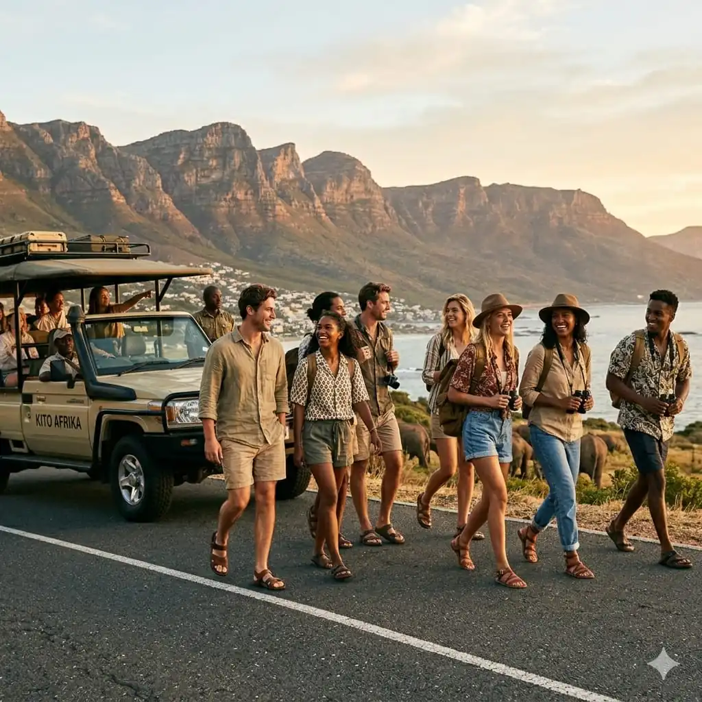 Group of friends walking along a coastal road beside a safari vehicle, mountains behind