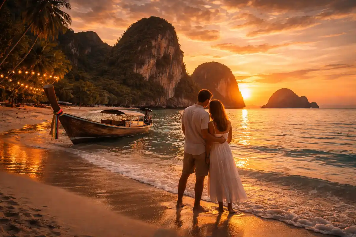 Couple embracing on a beach at sunset beside a longtail boat