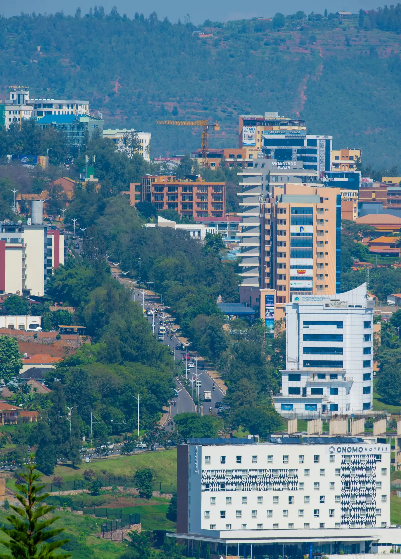 Aerial view of Kigali's city buildings and streets