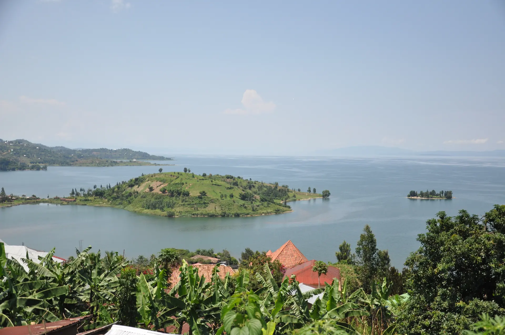 Wooded island on Lake Kivu seen from the shore, Rwanda