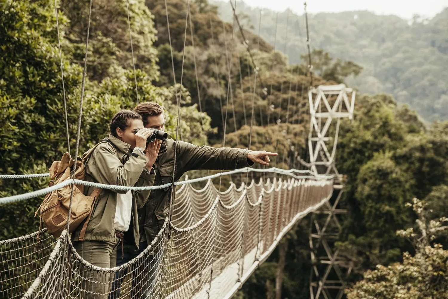 Two hikers on a forest canopy walkway, one using binoculars